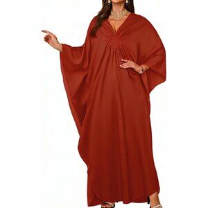 Women's Burnt Orange V-Neck Batwing Sleeves Smocked Waist Maxi Kaftan Dress